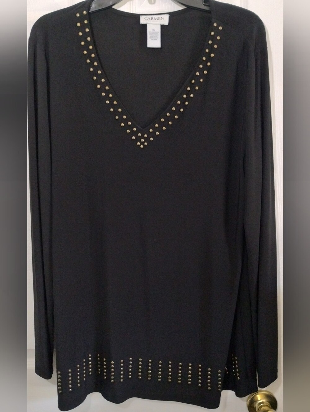 Carmen Black Long-Sleeve V-Neck Blouse with Gold Studs